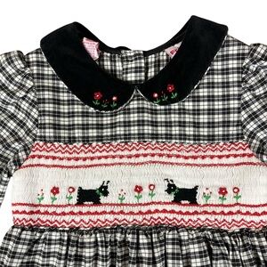 90s Girls Size 6 Winter Dress Scotty Dog Smocked B/W Checks Classic Cotton Blend